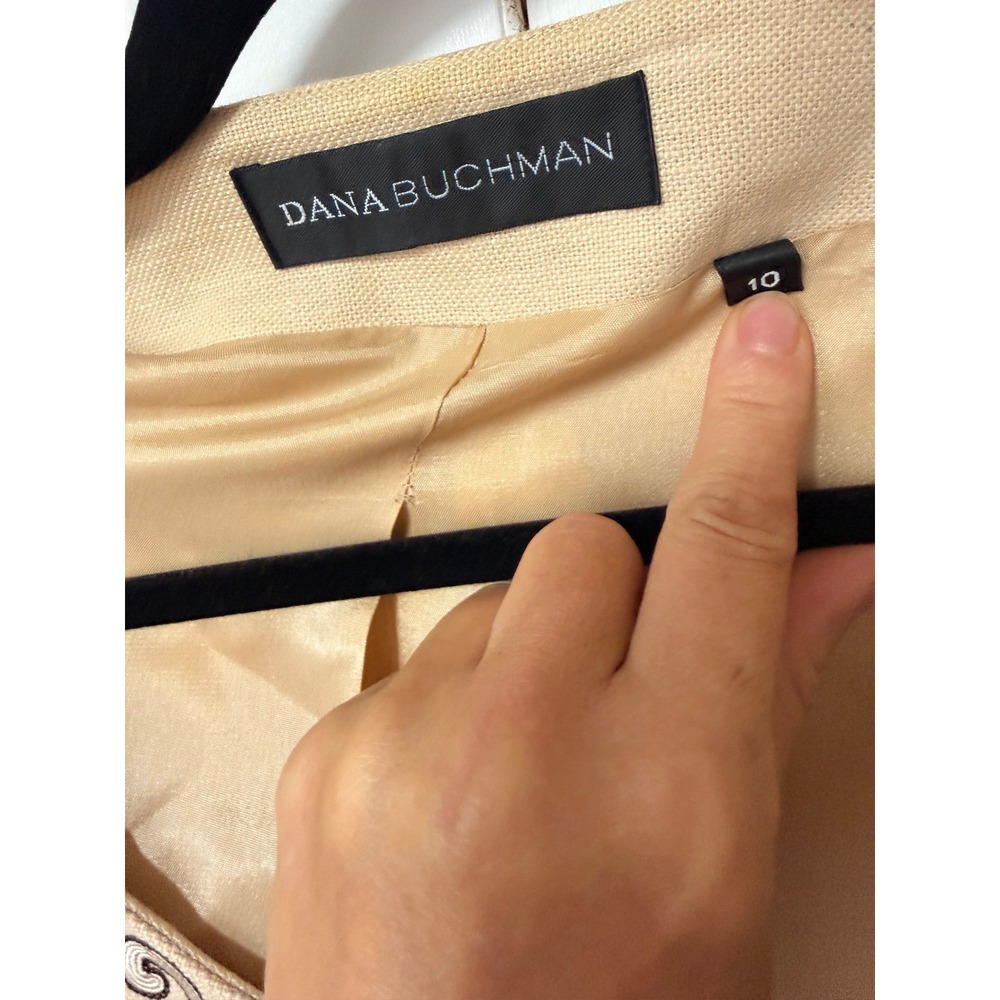 Dana Buchman Jacket Womens 10 Beige Linen Blend Floral Embroidered Collarless